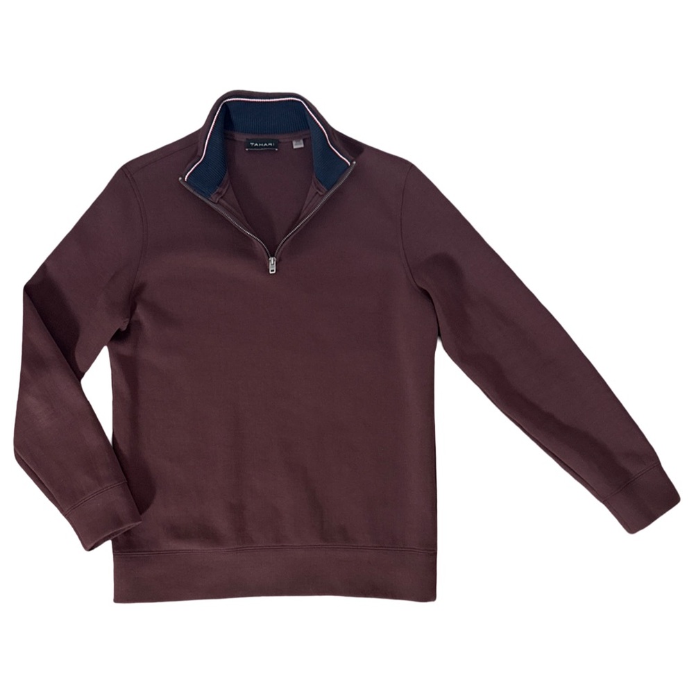 Tahari Mens Quarter Zip Pullover‎ Sweater Maroon Rib Collar Medium - Picture 3 of 8